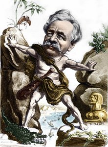 फर्डिनेंड डी लेसेप्स (1805-1894), स्वेज नहर में फ्रांसीसी राजनयिक और प्रशासक। कारजट कैरिकेचर।