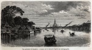 1858 से 1861 तक सियाम, कंबोडिया और लाओस के राज्यों के लिए हेनरी मौहोट की यात्रा को चित्रित करने के लिए बैंकाक (थाईलैंड) का सामान्य दृश्य, ई.बोकोर द्वारा चित्रित। एडौर्ड चार्टन द्वारा संपादित "" ले टूर डू मोंडे" में उत्कीर्णन