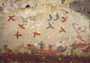 मछली पकड़ने और शिकार के मकबरे से एक नाव में बैठे मछुआरे, C.520-510 ईसा पूर्व (दीवार पेंटिंग) द्वारा इट्रस्केन