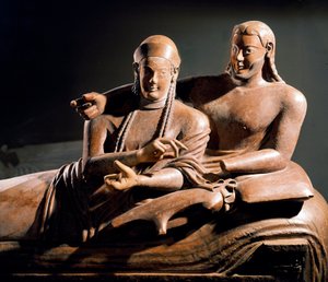 एट्रस्केन कला: सरकोफैगस डेस पति या पत्नी, अंतिम संस्कार बिस्तर पर एक जोड़े का टेराकोटा सल्प्टे समूह - विवरण, कर्वेटेरी, इटली से। 525-500 ई.पू. पेरिस, मुसी डू लौवर - एट्रस्केन सभ्यता: जीवनसाथी का सरकोफैगस - Cerve से टेराकोटा मूर्तिकला (विस्तार)