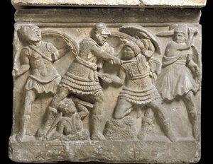 Etruscan कला: "" Eteocle और Polynice "" दो भाई, ओडिपस के बेटे, Chiusi के एक ताबूत की बास राहत, तीसरी शताब्दी ईसा पूर्व - पलेर्मो, म्यूजियो आर्कियोलॉजिको नाज़ियोनेल - भाइयों के बीच द्वंद्वयुद्ध Eteocles और Polynices, ओडिपस के बेटे - बास 