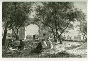 बाब-एर-रौमिया (बाब एर रोमिया), ईसाई महिला का द्वार, डौगा में रोमन खंडहर, यात्रियों और उनके गाइडों की पिकनिक, एक कैमरे के आसपास। यूजीन गिरार्डेट द्वारा उत्कीर्णन, कहानी को चित्रित करने के लिए वॉयेज एन ट्यूनीसी, आर.काग्नाट और एच.सलाडिन द्वारा, एक मेहराब के आ द्वारा यूजीन एलेक्सिस गिरार्डेट
