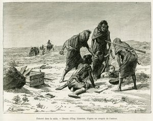 रेत में गाड़ देना। एडुअर्ड चार्टन (1807-1890), हैचेट, पेरिस के निर्देशन में, 1887 में केमिली डोल्स द्वारा, 1887 में पश्चिमी सहारा के खानाबदोश मूरों में कहानी को चित्रित करने के लिए यूजीन गिरारडेट द्वारा उत्कीर्णन, ले टूर डू मोंडे 1888 में। द्वारा यूजीन एलेक्सिस गिरार्डेट
