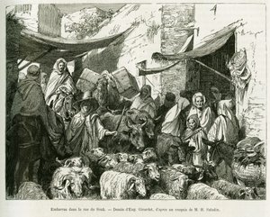 Teboursouk Souk स्ट्रीट में शर्मिंदा। यूजीन गिरार्डेट द्वारा उत्कीर्णन, यात्रा एन ट्यूनीसी की कहानी को चित्रित करने के लिए, आर. काग्नाट और एच. सलादीन द्वारा, लोक शिक्षा मंत्रालय द्वारा एक पुरातत्व मिशन के आरोप, टूर डू मोंडे 1888 में, निर्देशन के तहत