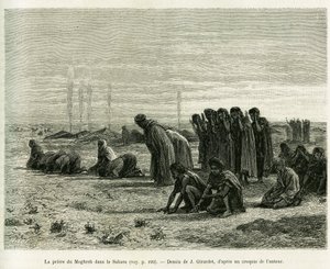 सहारा में मोघरेब प्रार्थना। जे। गिरार्डेट द्वारा उत्कीर्णन, कहानी को चित्रित करने के लिए Cinq mois chez les moures nomades du सहारा ओसीडेंटल, 1887 में, केमिली डोल्स द्वारा, ले टूर डू मोंडे 1888 में, एडौर्ड चार्टन (1807-1890), हैचेट, पा के निर्देशन में द्वारा यूजीन एलेक्सिस गिरार्डेट