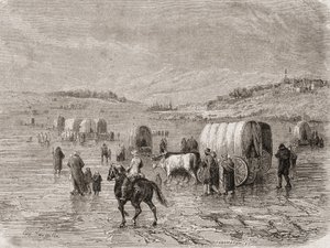 1860 के दशक में एक वैगन ट्रेन हेडिंग वेस्ट, जिसे स्टीफन पैनमेकर (1847-1930) द्वारा उकेरा गया था