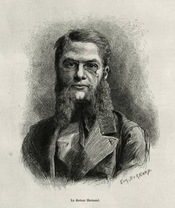 1877 में डॉ हारमंड द्वारा लाओस और इंडोचीन की जंगली आबादी की कहानी को चित्रित करने के लिए यूजीन बर्नांड द्वारा उत्कीर्ण डॉ हरमंद का पोर्ट्रेट, एडौर्ड चार्टन के निर्देशन में टूर डू मोंडे में प्रकाशित हुआ। द्वारा यूजीन बर्नैंड