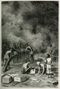 1877 में डॉक्टर हरमंद द्वारा लाओस और इंडोचाइना की जंगली आबादी की कहानी को चित्रित करने के लिए, यूजीन बर्नैंड द्वारा उत्कीर्ण, डॉक्टर द्वारा उन्हें वर्गीकृत करने और उन्हें अपने टोकरे में संग्रहीत करने से पहले, बड़े बांस की मिट्टी पर हर्बेरियम के पौधों का सू द्वारा यूजीन बर्नैंड