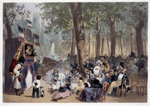 19वीं सदी में पेरिस में चैंप्स एलिसीज़ पर गिग्नोल का शो। यूजीन गुएरार्ड (1821-1866) 19वीं सदी के पेरिस, मुसी कार्नावाले द्वारा प्रिंट