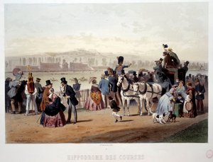 19वीं सदी के यूजीन गुएरार्ड (1821-1866) द्वारा बोइस डी बोलोग्ने लिथोग्राफ में रेसकोर्स का दृश्य। पेरिस, मुसी कार्नावाले द्वारा यूजीन चार्ल्स फ्रेंकोइस ग्वार्ड