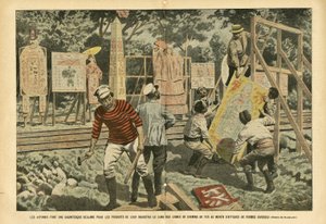 ले पेलेरिन में यूजीन डंबलन्स (1865-1945) द्वारा चित्रण, ०३/०९/०५ - जापानी विभिन्न आकृतियों के पोस्टर के साथ रेलवे लाइनों के साथ अपने उद्योग के उत्पादों के लिए एक विशाल दावा करते हैं - विज्ञापन, जापान, रेलवे ट्रेन, पोस्टर पोस्टर द्वारा यूजीन डंबलान्स