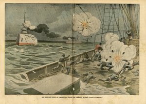 ले पेलेरिन में यूजीन डंबलन्स (1865-1945) का चित्रण, 28/02/04 - व्लादिवोस्तोक के रूसी क्रूजर एक जापानी परिवहन को डुबोते हैं - आर्मी, मैरीटाइम मरीन सीसाइड, रूसी-जापानी युद्ध, युद्धपोत, व्लादिवोस्तोक - नाविक, नाविक द्वारा यूजीन डंबलान्स