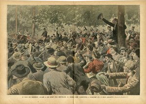 ले पेलेरिन में यूजीन डंबलन्स (1865-1945) का चित्रण, 30/06/07 - नारबोनिस भीड़ मोंटपेलियर एम। फेरौल के लिए जयकार करती है, जिसकी गिरफ्तारी के कारण खूनी दिन - सामाजिक, शराब, शराब संकट वाइनग्रोवर विद्रोह, नारबोन - फेरौल अर्नेस्ट (1853- १९२१) द्वारा यूजीन डंबलान्स
