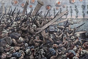 युद्ध १९१४-१९१८। बेल्जियम के सामने 1914. यसर पर जर्मन सैनिक। डंबलन्स द्वारा ड्राइंग। द्वारा यूजीन डंबलान्स