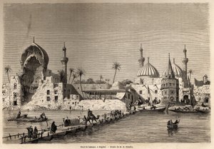 1840-1842 में मेसोपोटामिया की अपनी यात्रा को चित्रित करने के लिए, यूजीन फ़्लैंडिन (1809-1876) द्वारा चित्रित बगदाद में एक नाव पुल। "" ले टूर डू मोंडे "" 1861 में उत्कीर्णन। सेल्वा का संग्रह। द्वारा यूजीन फ़्लैंडिन
