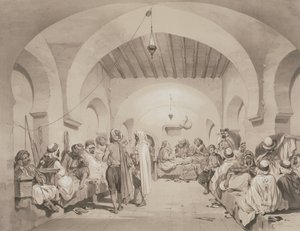 कैफ़े डु दिवान, अल्जीयर्स, एक मात्रा में फ्रांसीसी अभियान बल की स्मृति में, जिसने 1830 में अल्जीयर्स पर कब्जा कर लिया, जिसे एडोल्फ जीन-बैप्टिस्ट बायोट (1810-66) द्वारा उकेरा गया था द्वारा यूजीन फ़्लैंडिन