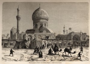 बगदाद में मार्चे स्क्वायर और अहमत खिया मस्जिद, यूजीन फ़्लैंडिन (1809-1876) द्वारा चित्रित, 1840-1842 में मेसोपोटामिया की अपनी यात्रा को चित्रित करने के लिए। "" ले टूर डू मोंडे "" 1861 में उत्कीर्णन। सेल्वा का संग्रह। द्वारा यूजीन फ़्लैंडिन