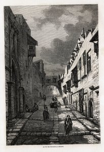 रुए डेस शेवेलियर्स, रोड्स में, यूजीन फ़्लैंडिन द्वारा चित्रित, 1844 में रोड्स द्वीप के लिए अपनी यात्रा को चित्रित करने के लिए। एडौर्ड चार्टन द्वारा संपादित "" ले टूर डू मोंडे "" में उत्कीर्णन द्वारा यूजीन फ़्लैंडिन