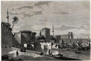 रोड्स के बंदरगाह और ऑबसन के द्वार का दृश्य, यूजीन फ्लैंडिन द्वारा चित्रित, 1844 में रोड्स द्वीप के लिए अपनी यात्रा को चित्रित करने के लिए। एडौर्ड चार्टन द्वारा संपादित "" ले टूर डू मोंडे "" में उत्कीर्णन द्वारा यूजीन फ़्लैंडिन
