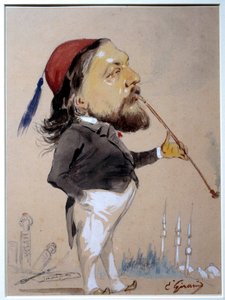 थियोफाइल गौटियर का पोर्ट्रेट (1811-1872) यूजीन गिरौद (1806-1881) 1862 पेरिस, बीएन द्वारा अपने चिबुक ड्राइंग और वॉटरकलर धूम्रपान करते हुए
