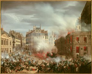 1848 की क्रांति: "" 24 फरवरी, 1848 को शाही महल के जल मीनार वर्ग की आग। यूजीन हैगनर द्वारा पेंटिंग द्वारा यूजीन हैगनर