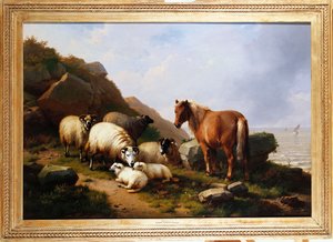 1868 से परे एक नौकायन पोत के साथ एक चट्टान पर एक टट्टू और भेड़ द्वारा यूजीन जोसेफ वेर्बोकेवन