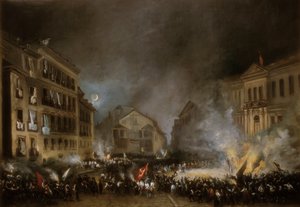 मैड्रिड में पुएर्ता डेल सोल में 1854 की क्रांति का एपिसोड। यूजेनियो लुकास वेलाज़क्वेज़ द्वारा पेंटिंग