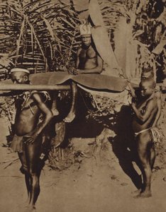 एक अफ्रीकी पिग्मी जनजाति के मुखिया को कूड़े पर ले जाया जा रहा है (बी / डब्ल्यू फोटो) द्वारा यूरोपीय फोटोग्राफर