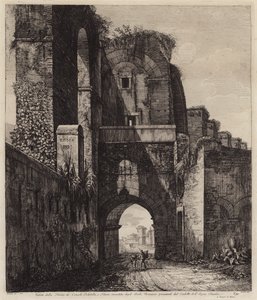 एक्वा क्लाउडिया, रोम, इटली (उत्कीर्णन) के नेरोनियन मेहराब के भीतर संलग्न डोलाबेला और सिलैनस के मेहराब द्वारा यूरोपीय स्कूल