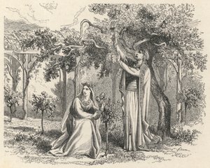 अपने सेब के पेड़ों में प्रवेश करते हुए चाइल्डबर्ट (उत्कीर्णन) द्वारा यूरोपीय स्कूल