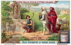Cimabue ने Giotto को गहन रूप से भेड़ की स्केचिंग करते हुए पाया (क्रोमोलिथो) द्वारा यूरोपीय स्कूल