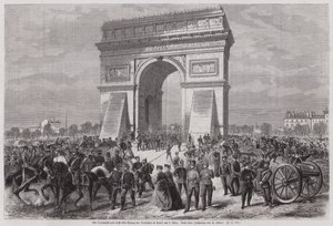 2 मार्च 1871 (उत्कीर्णन) फ्रेंको-प्रुशियन युद्ध में जीत हासिल करने के बाद, आर्क डी ट्रायम्फ, पेरिस में जर्मन सैनिक द्वारा यूरोपीय स्कूल