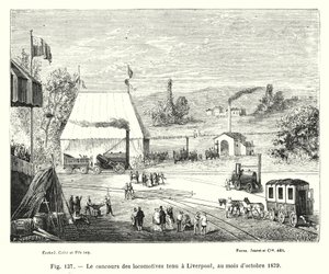 अक्टूबर 1829 में लिवरपूल में आयोजित लोकोमोटिव प्रतियोगिता (उत्कीर्णन) द्वारा यूरोपीय स्कूल