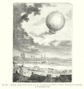 पिलाट्रे डी रोज़ियर और मार्क्विस डी'अरलैंड्स द्वारा, 21 नवंबर, 1783 (उत्कीर्णन) द्वारा पहली हवाई यात्रा एक गर्म हवा के गुब्बारे में की गई। द्वारा यूरोपीय स्कूल