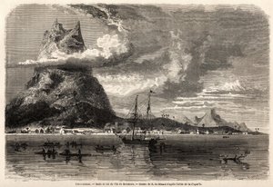 चार्ल्स डार्विन (१८०९-१८८२) द्वारा १८५८ में गैलापागोस द्वीपसमूह और प्रवाल द्वीपों में एक प्रकृतिवादी की यात्रा को चित्रित करने के लिए एवरेमोंड अगस्टे डी बेरार्ड (१८२४-१८८१) द्वारा चित्रित बोरबोरा द्वीप का राड और शिखर। "" ले टूर डू मोंडो में उत्की