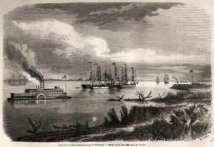 मिसिसिपी पर जहाज और टग बोट, एवरमोंड अगस्टे डी बेरार्ड (1824-1881) द्वारा चित्रित, 1855 में एलिसी (एलिसी) रेक्लस (1830-1905) द्वारा न्यू ऑरलियन्स की यात्रा को चित्रित करने के लिए। "" ले टूर डू मोंडे, नोव्यू जर्नल डेस वॉयेजेस "" पेरिस में