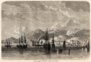 एंथनी ट्रोलोप (1815-1882) द्वारा 1858-1859 में वेस्ट इंडीज की यात्राओं को चित्रित करने के लिए, एवरमोंड ऑगस्टे डी बेरार्ड (1824-1881) द्वारा चित्रित, त्रिनिदाद (त्रिनिदाद और टोबैगो) में स्पेन का बंदरगाह। "" ले टूर डू मोंडे में उत्कीर्णन, नोव्यू जर