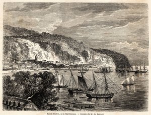 एंथनी ट्रोलोप (1815-1882) द्वारा 1858-1859 में वेस्ट इंडीज की यात्राओं को चित्रित करने के लिए ऑगस्टे डी बेरार्ड (1824-1881) द्वारा चित्रित मार्टीनिक में सेंट पियरे का दृश्य। "दुनिया भर में, नई यात्रा पत्रिका" "पेरिस" में उत्कीर्णन