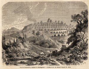 मेडागास्कर की राजधानी तानानारिव का दृश्य, एवरमोंड डी बेरार्ड (1824-1881) द्वारा चित्रित, 1857 में इडा फ़िफ़र की मेडागास्कर की यात्रा को चित्रित करने के लिए। 1861 में "ले टूर डू मोंडे" में उत्कीर्णन। सेल्वा का संग्रह।