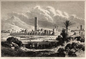 माराकेच शहर (पूर्व में मोरक्को) का दृश्य, अगस्टे डी बेरार्ड (1824-1881) द्वारा चित्रित, श्री एफ। 1860 में शिकलर की मोरक्को की यात्रा। "ले टूर डू मोंडे, नोव्यू जर्नल डेस वॉयेजेस" पेरिस में उत्कीर्णन
