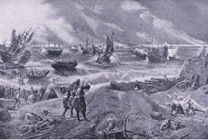 23 मई, 1692 को ला हॉग की लड़ाई में जेम्स II, लैंड और सी, 1915 में ब्रिटिश बैटल से चित्रण द्वारा आइरे क्रो