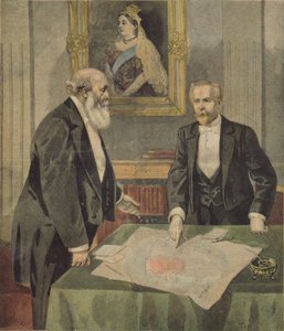एंग्लो-फ्रेंच कन्वेंशन पर लंदन में पॉल कंबोन (1843-1924) ने फ्रांसीसी राजदूत और लॉर्ड सैलिसबरी (1830-1904) ब्रिटिश प्रधानमंत्री, ले पेटिट जर्नल से, 9 अप्रैल 1899 (रंगीन एन