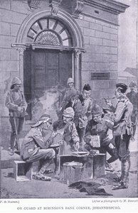 आफ्टर प्रिटोरिया से रॉबिन्सन बैंक कॉर्नर, जोहान्सबर्ग में गार्ड पर: हार्म्सवर्थ ब्रदर्स लिमिटेड द्वारा प्रकाशित गुरिल्ला युद्ध द्वारा एफ। डे हैमेन