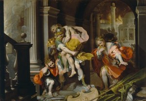 Aeneas और Anchises ट्रॉय से बच, c.1587 (कलम और स्याही और सफेद ऊंचाई के साथ तेल)