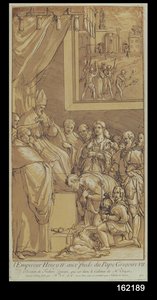 निकोलस ले सुयुर (1691-1764) द्वारा उत्कीर्ण पोप ग्रेगरी सप्तम (1020-85) के चरणों में सम्राट हेनरी चतुर्थ (1050-1106) द्वारा फेडेरिको ज़ुकेरी या ज़ुकारो