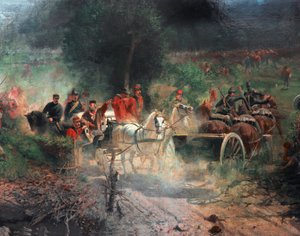 तीसरा इतालवी स्वतंत्रता संग्राम: "" बेज़ेक्का की लड़ाई"" 21/07/1866 को इसने ऑस्ट्रियाई सेना के खिलाफ ज्यूसेप गैरीबाल्डी के शिकारियों के शरीर का विरोध किया। विवरण। फेलिस ज़ेनारो (1833-1926) मिलान द्वारा चित्रकारी, रिसोर्गिमेंटो का संग्रह द्वारा फेलिस ज़ेन्नारो