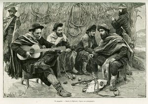एक अदाकार, चलने वाले गायकों की कविता में द्वंद्व। 1886 में एमिल डेयरॉक्स द्वारा एमिल डेयरॉक्स द्वारा, एडौर्ड चार्टन (1807-1890), हैचेट, पेरिस द्वारा निर्देशित, ले टूर डू मोंडे 1888 में कहानी को चित्रित करने के लिए मायरबैक द्वारा उत्कीर्णन।