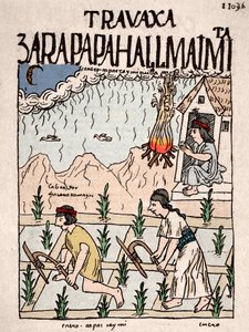 इंका साम्राज्य: हाटुन रूना वर्ग का एक भारतीय जोड़ा जनवरी में भूमि पर काम करता है - डॉन फेलिप प्यूमा डी अयाला की पांडुलिपि "नुएवा कोरोनिका वाई बुएन गोबिएर्नो" से स्याही ड्राइंग, इंकास के जीवन को दर्शाती है - 16 वीं शताब्दी (हाटुन रूना से एक भारतीय