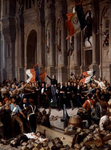 1848 की क्रांति: अल्फोंस डी लैमार्टाइन (1790 - 1869), टाउन हॉल में तिरंगे झंडे के लिए लाल झंडे से इनकार करते हुए। पेरिस, २६ फरवरी १८४८। हेनरी फेलिक्स फिलिपोटेक्स द्वारा पेंटिंग का विवरण (१८१५ - १८८४), पेरिस, मुसी डू पेटिटपलाइस - १८४८ की क्रांति द्वारा फेलिक्स (बाद) फिलिपोटॉक्स