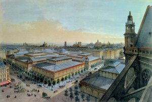 सेंट यूस्टाचे ऊपरी गैलरी से ली गई पेरिस में लेस हॉल का दृश्य, सी। 1870-1880